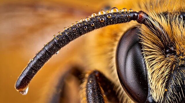 Closeup of bee antenna with water droplets
