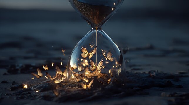 surreal depiction of a giant hourglass where memories, in the form of glowing butterflies, fall and dissolve into sand, symbolizing time consuming the past, cinematic lighting, ethereal tone, 