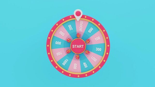 A 3D wheel of fortune with various prize values, a jackpot, gifts, and a start button. An atmosphere of excitement, celebration, interactivity, winnings, and promotions. Animation in 4K resolution.
