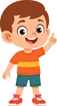 Flat style boy character pointing up with a clear hand gesture. Clean vector illustration ideal for directional signs, classroom materials, posters, infographics, and educational design elements.