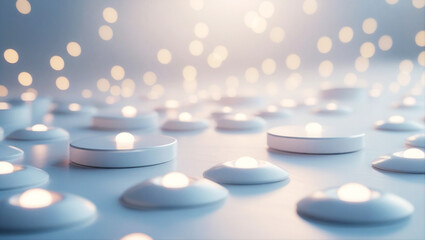 Minimalist Abstract Background with Glowing Orbs on White Podiums and Bokeh Light