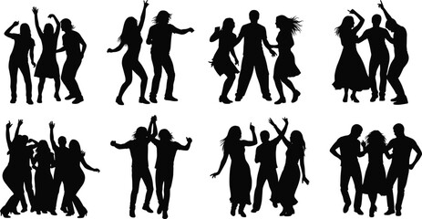 Dance group silhouette icon set, party celebration, music performance, social gathering, artistic movement, cultural expression, choreography, vector illustration, black pictogram, festival
