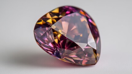 Fototapeta premium Beautiful multifaceted gemstone displaying vibrant hues of purple, orange, and pink, reflecting light in an artistic arrangement on a smooth surface