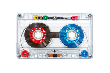 Audio cassette with transparent plastic case and colorful red and blue reels, retro music and sound memory