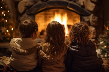 Naklejka premium Children are sitting together, watching the warm flames of a stone fireplace during winter holidays