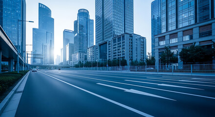 Fototapeta premium Empty Financial District at Dawn with Modern Glass Skyscrapers