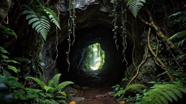 Jungle cave entrance with greenery