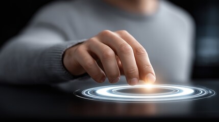 Fototapeta premium Close-up of a persons hand touching a glowing futuristic interface with light rings