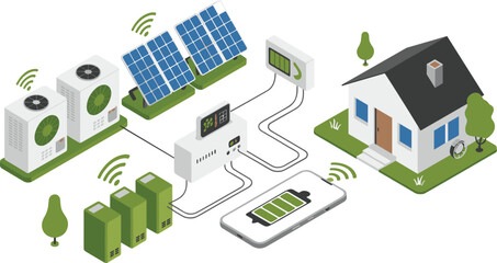 Obraz premium Smart home solar energy system wireless battery storage inverter panels eco technology sustainable electricity management illustration modern concept design