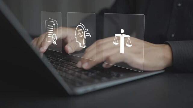 AI regulation concept. Person using laptop with artificial intelligence compliance icons, digital law, governance, ethical AI, data protection and technology regulation.