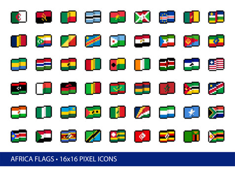 Africa Flags Pixel Art Icons 16x16. Vector Set of 50+ stylized, simplified, abstract pixel interpretations of flag designs in common use at the time of creation (2026).