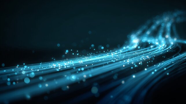 Abstract glowing curved lines representing data transmission and fiber optic networking, highlighting information flow, 5G connectivity, futuristic telecommunications and synchronized data streams