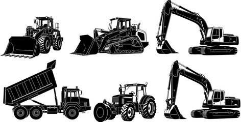 Set of heavy construction machinery silhouettes featuring excavator, bulldozer, dump truck, and tractor for industrial building site and civil engineering projects © Ahsan