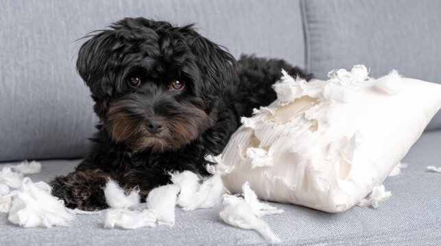 Mischievous Havanese dog left home alone after biting a pillow, showing destructive behavior, separation anxiety, stress, loneliness, playful mischief, and pet care challenges