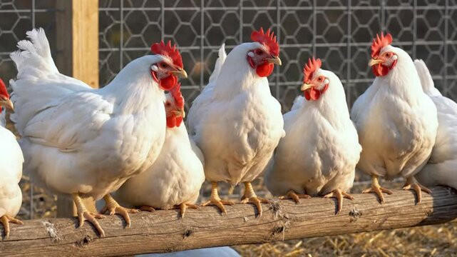 Row of white chickens with red combs perched on a wooden log in a coop