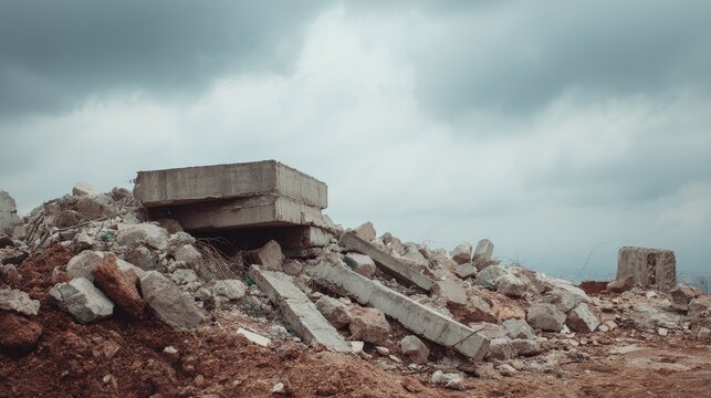 Pile of gray concrete and construction debris from destroyed building under gray sky, showing rubble, ruins, demolition aftermath, urban destruction, disaster concept, chaotic architectural remains