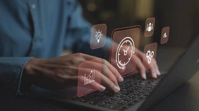 Digital time management system with virtual icons for scheduling, reminders and deadlines. Business professional organizing tasks and time efficiently via an online platform.