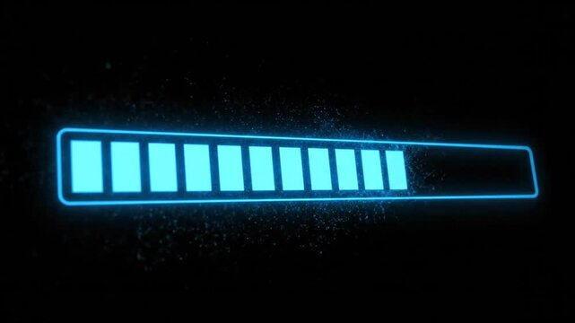 A loading bar with neon blue bars on a dark background is being filled from left to right