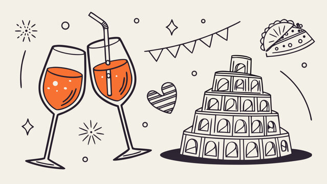 A simplified line drawing on a beige background showing two glasses of orange cocktail with a straw beside a tiered amphitheater and a slice of dessert.
