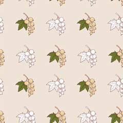 White Currant Seamless Pattern. Mixed Botanical Garden Background with Color and Line Art Branches, Berries and Leaves. Repeatable Fruit Template. Vector Square illustration