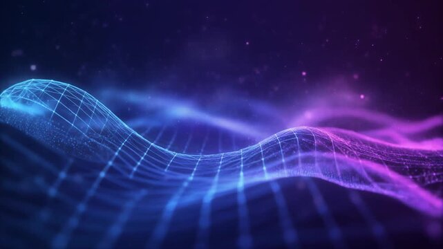 A digital illustration of a wavy grid pattern in shades of blue and purple, set against a dark background with subtle starry details. Perfect for technology, presentations, and infographics.