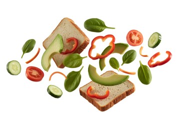 Naklejka premium Fresh sandwich ingredients flying on white background