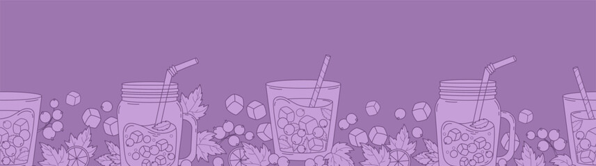 Outline Blackcurrant Drink Seamless Border. Refreshing Lemonade in mason jar, Cocktail with Ice Cubes, Berries, Mint and Straw on Purple Background. Line drawing, Vector Horizontal Illustration
