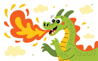 Fototapeta premium A cartoon green dragon breathing fire with a happy expression