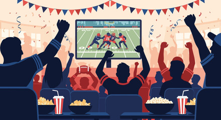 Vector illustration of people watching a Super Bowl match on TV, with a Vince Lombardi Trophy on display, conveying a joyful and celebratory mood with warm colors in a home setting.