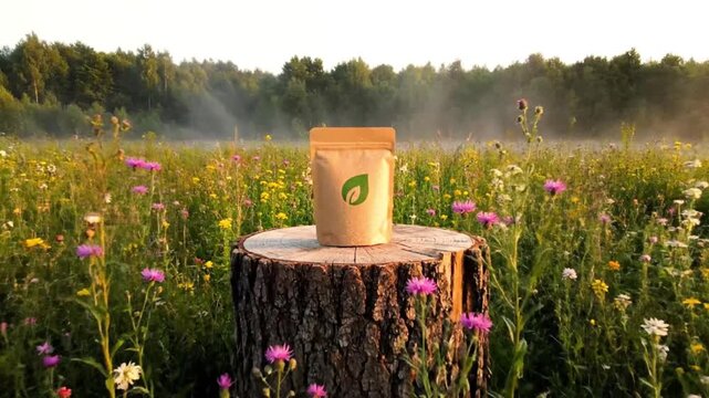Eco friendly product packaging with green leaf on tree stump in wildflower field