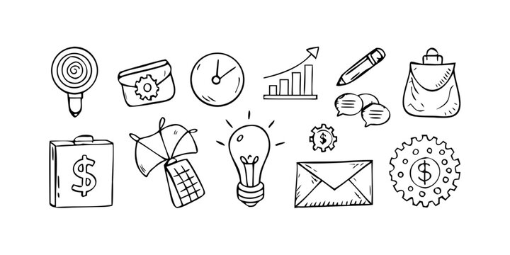 A collection of diverse icons representing various aspects of business and creativity. Vector