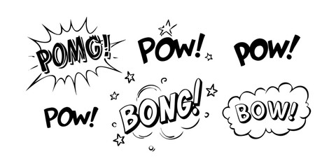 A collection of various comic book sound effect words in bold, black letters. Vector © RABBI