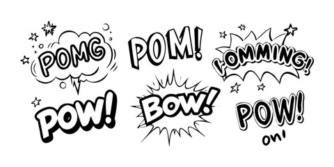 A collection of comic book style sound effect words in a variety of fonts and sizes. Vector © RABBI