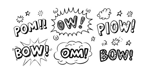 A dynamic illustration of various comic book sound effects in a playful and energetic style Vector © RABBI