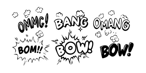A comic-style illustration featuring various onomatopoeic words like ouch, bang, and boom. Vector © RABBI
