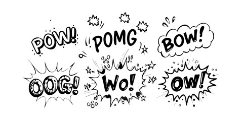 A dynamic collection of comic book sound effect words in bold black font Vector © RABBI