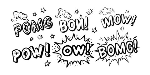 A dynamic comic book illustration featuring various onomatopoeic sound effects. Vector © RABBI
