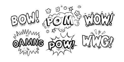 A comic-style illustration featuring a variety of onomatopoeic words in bold, dynamic fonts Vector © RABBI