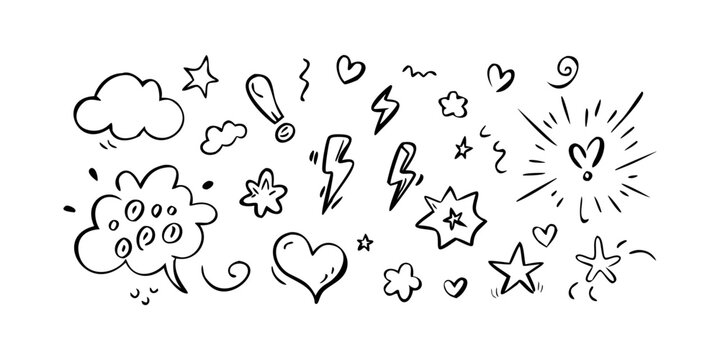 A delightful array of whimsical doodles featuring hearts, stars, and clouds Vector