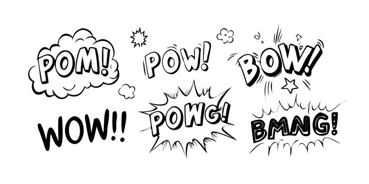 A collection of various comic book style sound effect words in bold black text. Vector