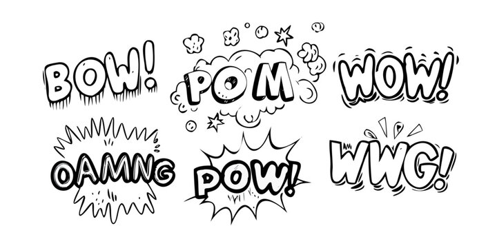 A comic-style illustration featuring a variety of onomatopoeic words in bold, dynamic fonts Vector