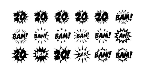 A collection of comic book style sound effect graphics featuring numbers and explosions Vector © RABBI
