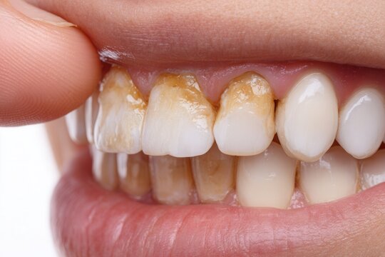 Dental check showing plaque buildup on teeth in a close-up view during a dental visit at a clinic