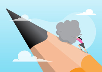 Fototapeta premium Woman Pushing Large Thought Bubble Uphill Editorial Illustration of Mental Burden and Effort