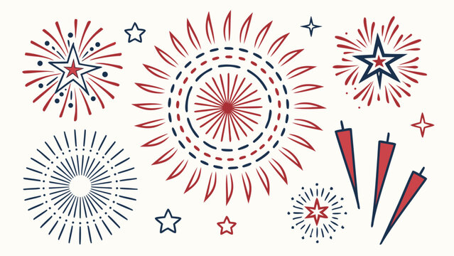 Hand drawn patriotic fireworks and star elements in red and blue for fourth of july designs