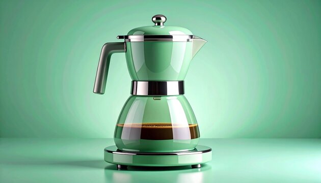 "Retro-style mint green drip coffee maker with glass carafe of brewed coffee, chrome accents, against matching background."