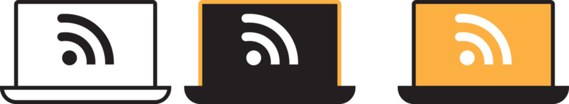 RSS feed icon on computer screen and laptop screen. screen wifi. News update, blog subscription symbol. Internet computer icon on transparent background
