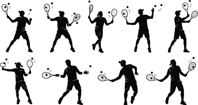 Tennis player silhouette icon set, forehand shot, backhand swing, serve motion, racket strike, ball action, athletic sport, competition, training, vector illustration, black pictogram