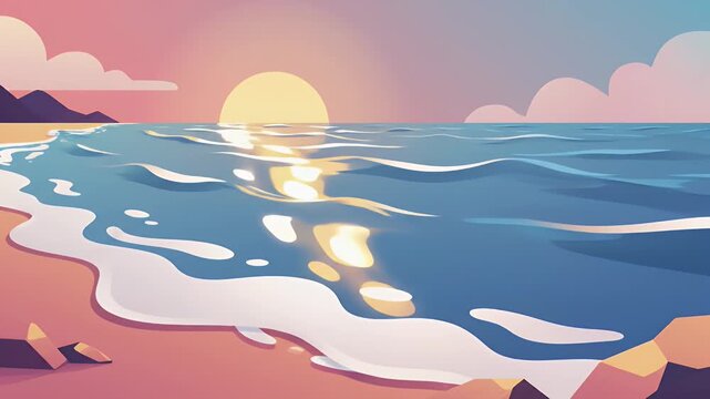 Golden sunset on tropical beach with calm ocean waves