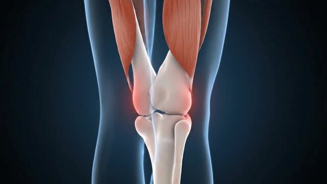 Realistic 3D illustration of the human knee joint showing muscles and bones, viewed frontally against a deep blue background, emphasizing detailed anatomy for educational purposes